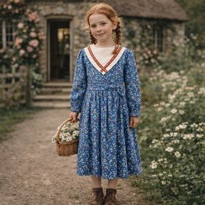 VTG 70s Weenie The Pooh Blue Floral Bib Collar Long Sleeve Dress W/Sash Sz. 6X